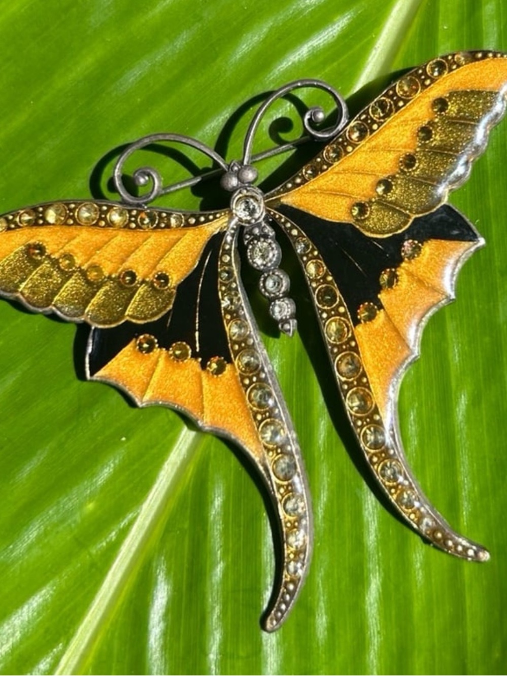 Vintage Catherine Popesco Large yellow green black enameled Butterfly Brooch pin